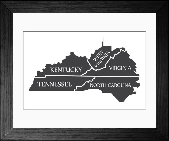 Framed Print : Kentucky - Tennessee - West Virginia - Virginia - North Carolina Map labelled black illustration