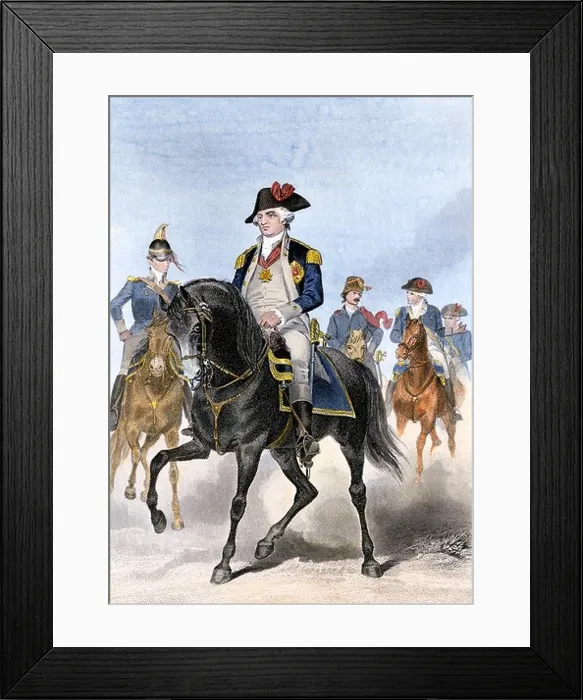 Framed Print : Prussian Baron von Steuben on horseback with Continental Army officers at Valley Forge. Hand-colored steel engraving Framed Print : Prussian Baron von Steuben on horseback with Continental Army officers at Valley Forge. Hand-colored steel engraving