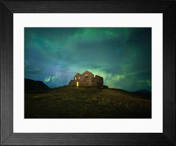 Framed Print : A hauntingly beautiful scene with an abandoned house bathed in the ghostly green glow of the Northern Lights under a Framed Print : A hauntingly beautiful scene with an abandoned house bathed in the ghostly green glow of the Northern Lights under a