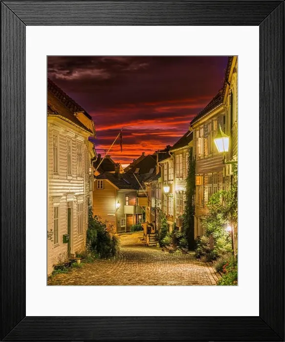 Framed Print : Sunset among old, wooden houses in Bergen, Western Norway Framed Print : Sunset among old, wooden houses in Bergen, Western Norway