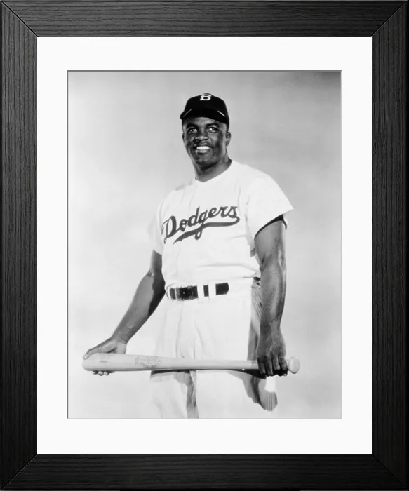 Framed Print : 1940s 1947 BROOKLYN DODGERS BASEBALL PLAYER JACKIE ROBINSON WHO BROKE THE BASEBALL COLOR BARRIER STANDING LOOKING Framed Print : 1940s 1947 BROOKLYN DODGERS BASEBALL PLAYER JACKIE ROBINSON WHO BROKE THE BASEBALL COLOR BARRIER STANDING LOOKING