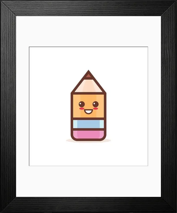 Framed Print : cute wooden pencil rubber eraser cartoon comic character with smiling face happy emoji kawaii style back to school Framed Print : cute wooden pencil rubber eraser cartoon comic character with smiling face happy emoji kawaii style back to school