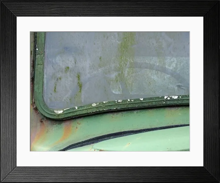 Framed Print : close up of the windscreen of an old abandoned pick up truck with the steering wheel visible through stained moss Framed Print : close up of the windscreen of an old abandoned pick up truck with the steering wheel visible through stained moss