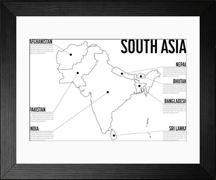 Framed Print : Infographic map of South Asia. Modern template with text in black and white. Vector illustration Framed Print : Infographic map of South Asia. Modern template with text in black and white. Vector illustration