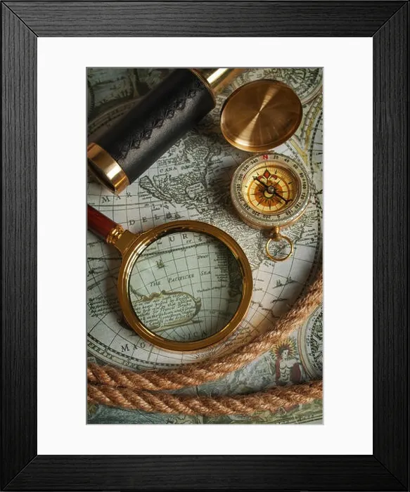 Framed Print : Nautical background with a magnifying glass, compass, telescope and map Framed Print : Nautical background with a magnifying glass, compass, telescope and map