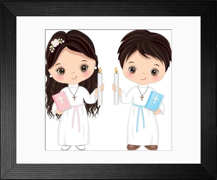 Framed Print : First Communion for Kids. Vector 1st Communion for Cute Little Girl and Boy Framed Print : First Communion for Kids. Vector 1st Communion for Cute Little Girl and Boy