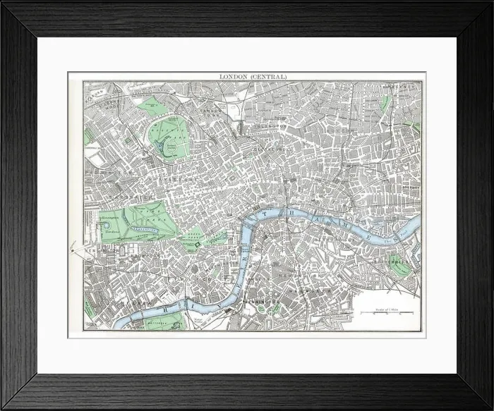 Framed Print : Antique map, circa 1875, of Central London Framed Print : Antique map, circa 1875, of Central London