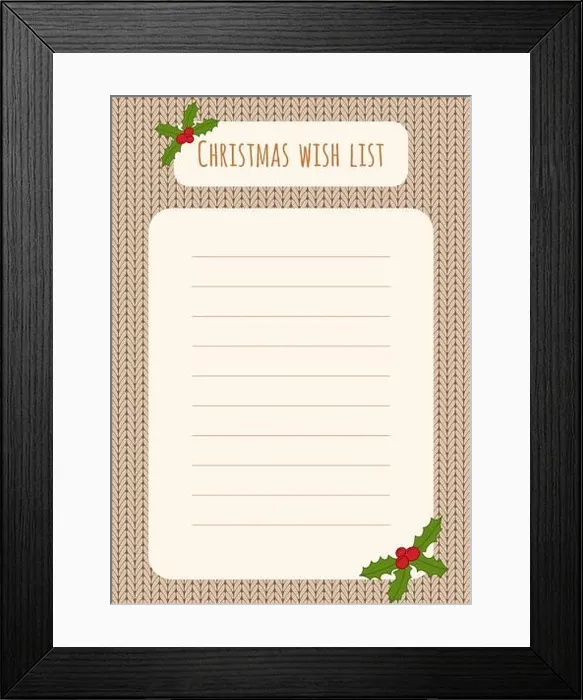 Framed Print : Christmas wish list design template over a knitted background with holly decorations Framed Print : Christmas wish list design template over a knitted background with holly decorations