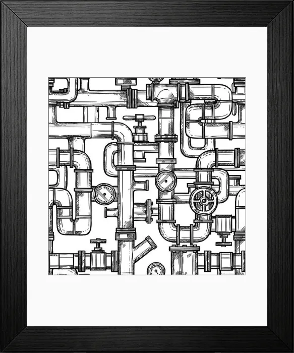 Framed Print : Sketch monochrome seamless pattern with pipes system doodle vector illustration