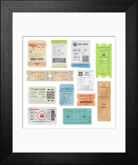 Framed Print : Bus tickets, city passenger transport plastic card and transfer payment receipt document Framed Print : Bus tickets, city passenger transport plastic card and transfer payment receipt document