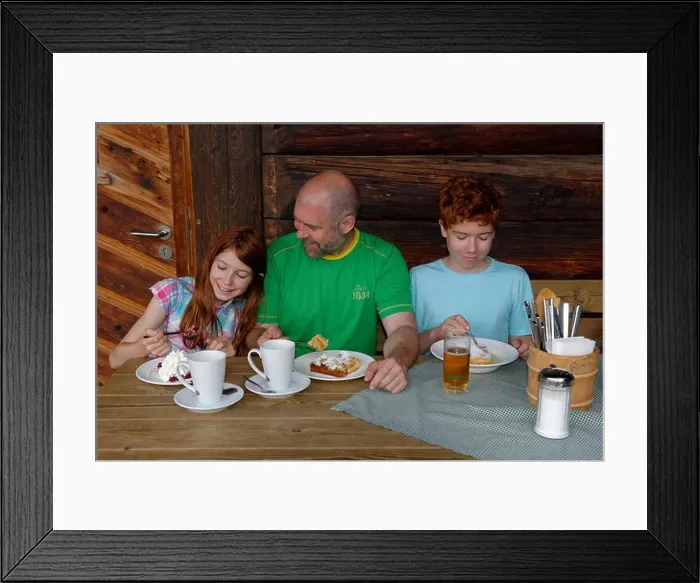 Framed Print : Father with his children dining at Jagahüttn auf der Sutten, Tegernsee Mountains, Upper Bavaria, Bavaria, Germany