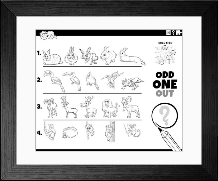Framed Print : Black and white cartoon illustration of odd one out picture in a row educational task for children with comic animal Framed Print : Black and white cartoon illustration of odd one out picture in a row educational task for children with comic animal