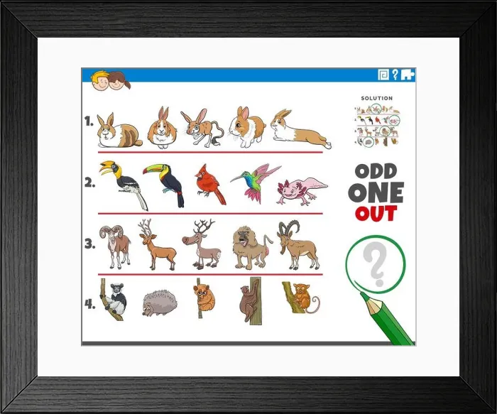 Framed Print : Cartoon illustration of odd one out picture in a row educational task for children with comic animal characters Framed Print : Cartoon illustration of odd one out picture in a row educational task for children with comic animal characters