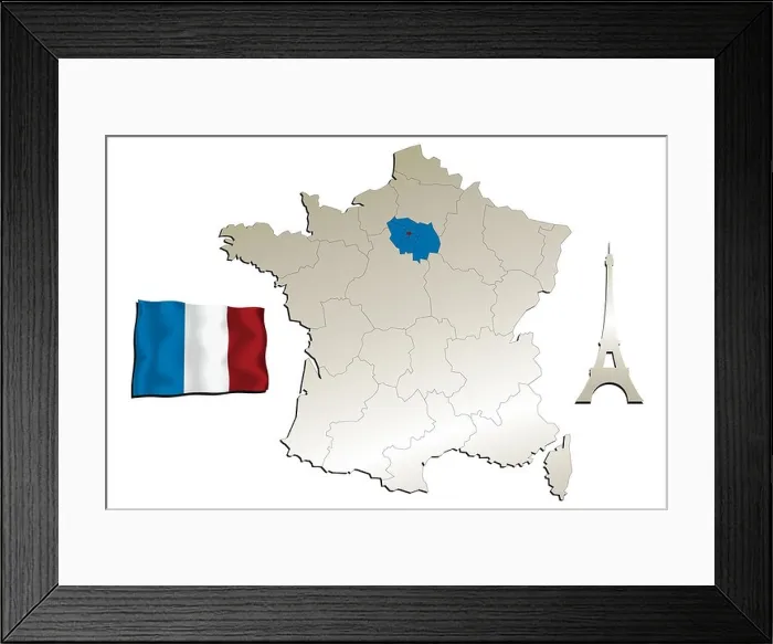 Framed Print : Map of France with Flag and Eiffel tower isolated on white background Framed Print : Map of France with Flag and Eiffel tower isolated on white background