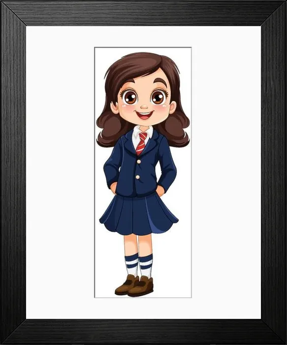 Framed Print : Cute girl student cartoon character in school uniform illustration Framed Print : Cute girl student cartoon character in school uniform illustration