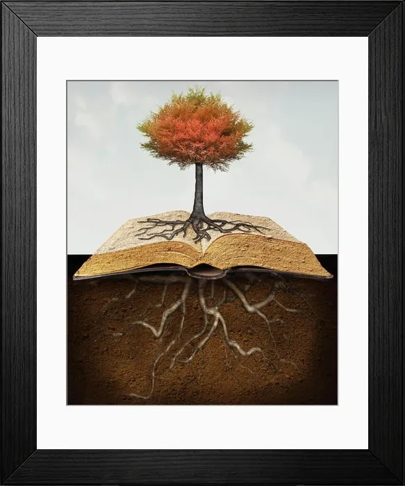 Framed Print : Conceptual image representing a rooted tree above an open book with roots in the underground Framed Print : Conceptual image representing a rooted tree above an open book with roots in the underground