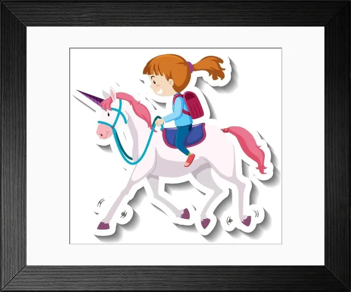 Framed Print : A girl riding unicorn cartoon sticker illustration Framed Print : A girl riding unicorn cartoon sticker illustration