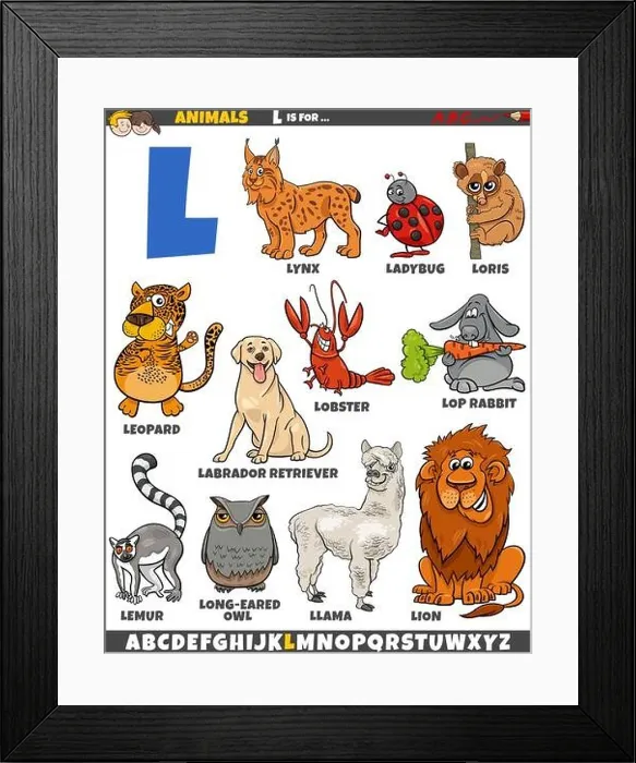 Framed Print : Cartoon illustration of animal characters set for letter L Framed Print : Cartoon illustration of animal characters set for letter L