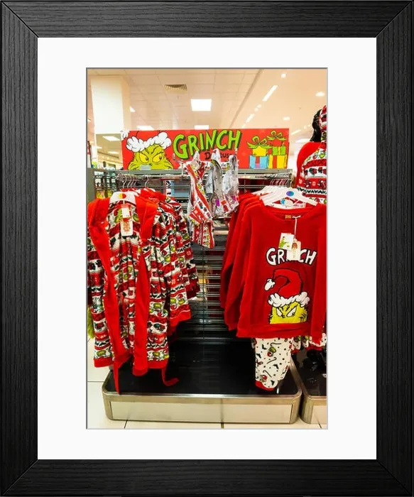 Framed Print : The Grinch Christmas Pyjamas on sale at Primark in the city centre, Xmas shopping Framed Print : The Grinch Christmas Pyjamas on sale at Primark in the city centre, Xmas shopping