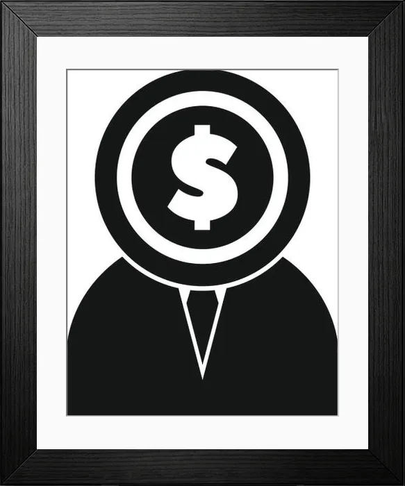 Framed Print : Businessman wearing suit with dollar coin head replacing his real head representing money oriented person Framed Print : Businessman wearing suit with dollar coin head replacing his real head representing money oriented person