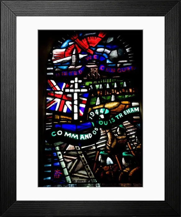 Framed Print : Stained Glass window D day memorial to the Commandos in the Church of St Samson in Ouistreham, Normandy, France Framed Print : Stained Glass window D day memorial to the Commandos in the Church of St Samson in Ouistreham, Normandy, France