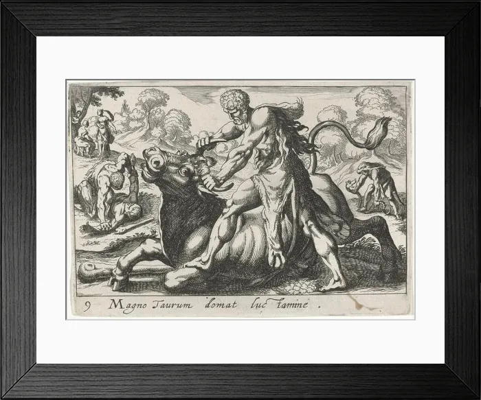 Framed Print : in the foreground the river god Hercules barrel Acheloüs in the form of a bull by the horns Framed Print : in the foreground the river god Hercules barrel Acheloüs in the form of a bull by the horns