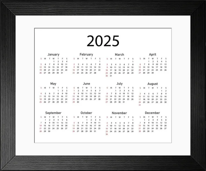 Framed Print : Calendar 2025 year. The week starts on Sunday Framed Print : Calendar 2025 year. The week starts on Sunday