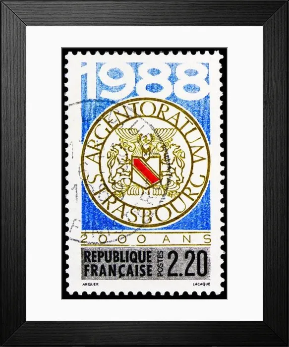 Framed Print : MOSCOW, RUSSIA - FEBRUARY 15, 2023: Postage stamp printed in France shows 2000th Anniversary of Strasbourg, circa 1988 Framed Print : MOSCOW, RUSSIA - FEBRUARY 15, 2023: Postage stamp printed in France shows 2000th Anniversary of Strasbourg, circa 1988