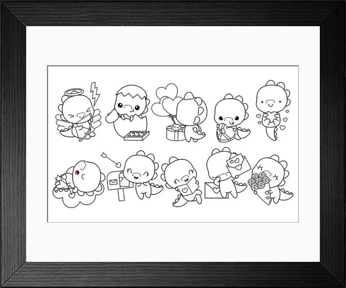 Framed Print : Collection of Vector Kawaii Dino Coloring Page in Love. Set of Isolated Cartoon Baby Dino Outline Framed Print : Collection of Vector Kawaii Dino Coloring Page in Love. Set of Isolated Cartoon Baby Dino Outline