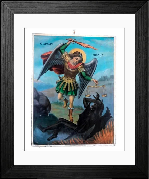 Framed Print : Arachova Attica Greece Icon Of Saint Michael The Archangel Slaying Satan Church Opposite Xani Toy Zemenoy Taverna Framed Print : Arachova Attica Greece Icon Of Saint Michael The Archangel Slaying Satan Church Opposite Xani Toy Zemenoy Taverna