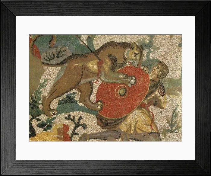 Framed Print : Ancient mosaics hunting scene: Fallen hunter reached by the lioness Framed Print : Ancient mosaics hunting scene: Fallen hunter reached by the lioness