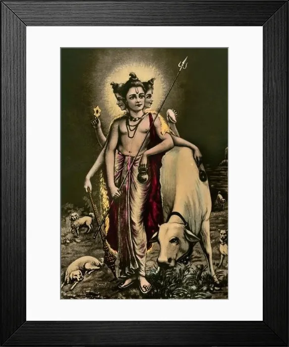 Framed Print : Vintage Hand Painted Painting of Lord Dattaatraya all so Gurudev datta INDIA Framed Print : Vintage Hand Painted Painting of Lord Dattaatraya all so Gurudev datta INDIA