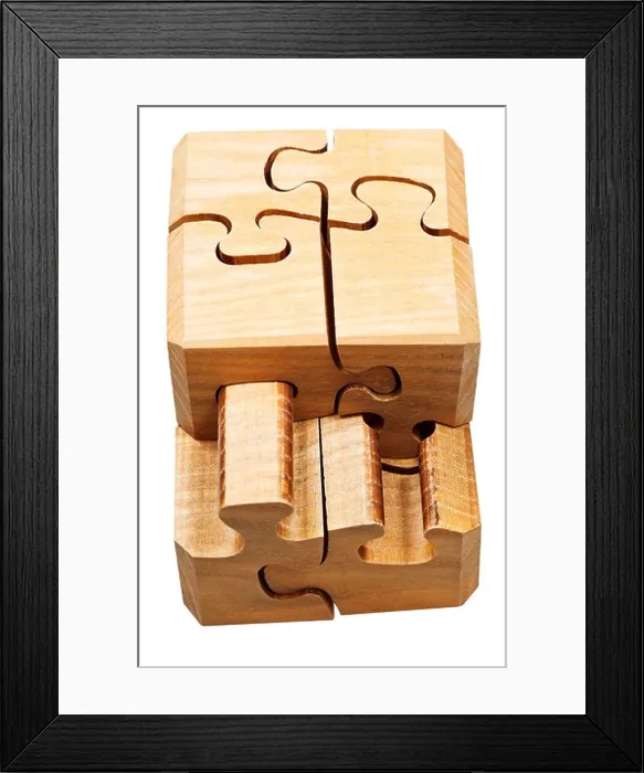 Framed Print : gathering of three dimensional wooden mechanical puzzle close up isolated on white background Framed Print : gathering of three dimensional wooden mechanical puzzle close up isolated on white background