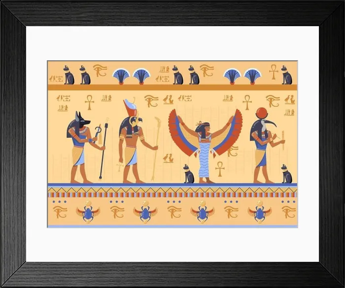 Framed Print : Egyptian deities on ancient bas relief with hieroglyphs Framed Print : Egyptian deities on ancient bas relief with hieroglyphs