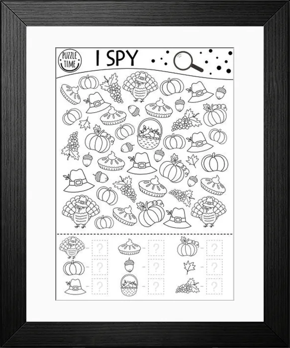 Framed Print : Thanksgiving black and white I spy game for kids Framed Print : Thanksgiving black and white I spy game for kids