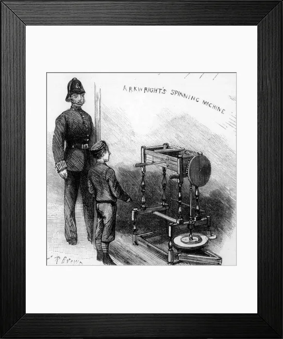 Framed Print : Illustration depicting Arkwright's water frame spinning machine; on display at the Patents Museum; South Kensington; Framed Print : Illustration depicting Arkwright's water frame spinning machine; on display at the Patents Museum; South Kensington;
