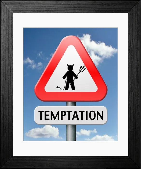 Framed Print : resisting temptation resist tempting from devil lose bad habits by self control road sign with text Framed Print : resisting temptation resist tempting from devil lose bad habits by self control road sign with text