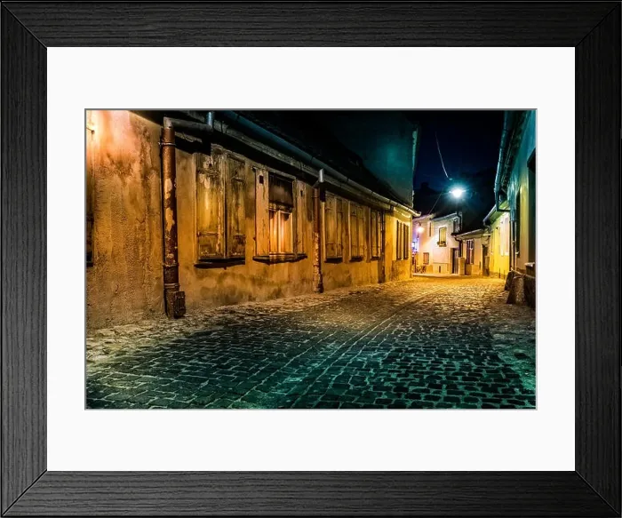 Framed Print : Dark deserted alley by night, in Sibiu, Romania (hollywood effect processing) Framed Print : Dark deserted alley by night, in Sibiu, Romania (hollywood effect processing)