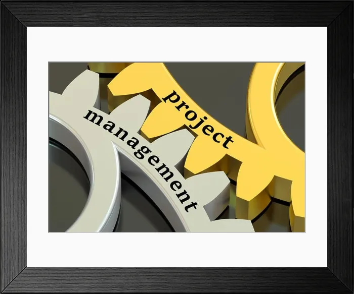 Framed Print : Project Management concept on the gearwheels Framed Print : Project Management concept on the gearwheels