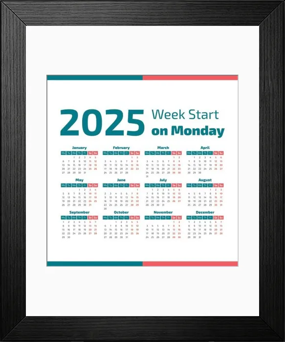 Framed Print : Simple 2025 year calendar, week starts on Monday Framed Print : Simple 2025 year calendar, week starts on Monday