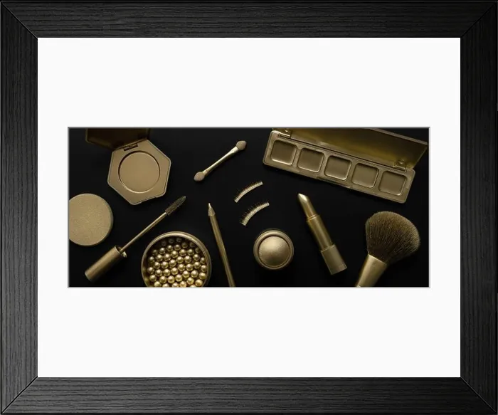 Framed Print : luxury cosmetics - set with golden makeup beauty products on black background. banner Framed Print : luxury cosmetics - set with golden makeup beauty products on black background. banner