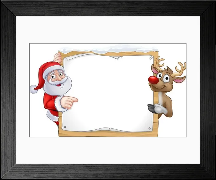 Framed Print : Santa and Reindeer Christmas Cartoon Sign Framed Print : Santa and Reindeer Christmas Cartoon Sign