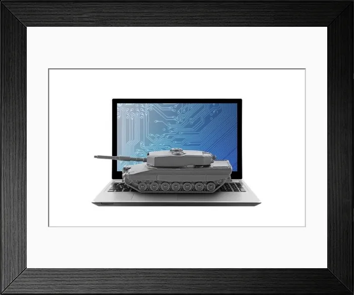 Framed Print : Tank on laptop isolated on white background