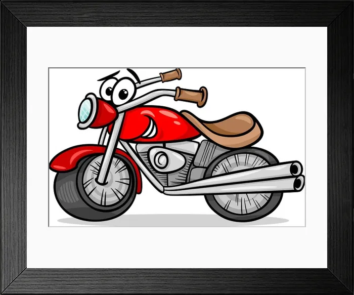 Framed Print : Cartoon Illustration of Funny Motor Bike Vehicle or Chopper Comic Mascot Character Framed Print : Cartoon Illustration of Funny Motor Bike Vehicle or Chopper Comic Mascot Character