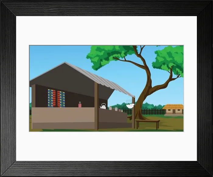 Framed Print : Indian village tea stall design. Indian roadside tea stall vector illustration flat background Framed Print : Indian village tea stall design. Indian roadside tea stall vector illustration flat background