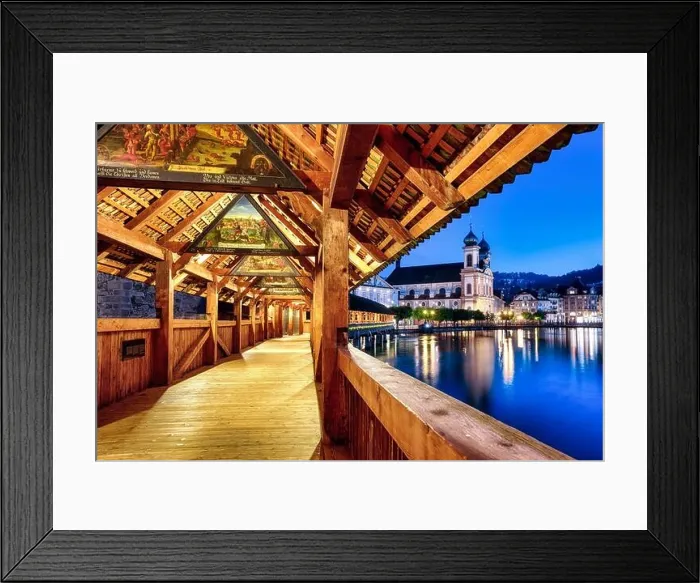 Framed Print : Lucerne city, Switzerland, view of Jesuit church from historical wooden Chapel Bridge Framed Print : Lucerne city, Switzerland, view of Jesuit church from historical wooden Chapel Bridge