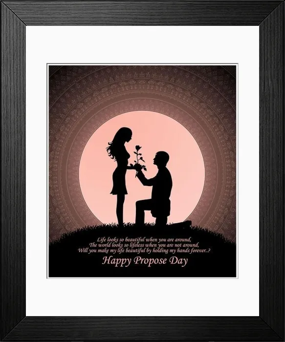 Framed Print : propose day illustration with quote.Man proposing her girl with rose in silhouette with moon and mandala in background Framed Print : propose day illustration with quote.Man proposing her girl with rose in silhouette with moon and mandala in background