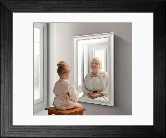 Framed Print : Creative conceptual collage. Little girl looking in mirror and seeing reflection of senior lady Framed Print : Creative conceptual collage. Little girl looking in mirror and seeing reflection of senior lady