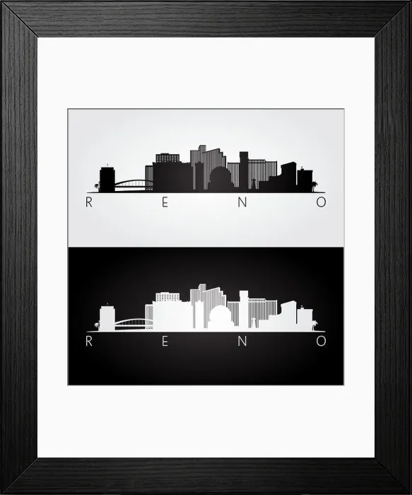 Framed Print : Reno USA skyline and landmarks silhouette, black and white design, vector illustration Framed Print : Reno USA skyline and landmarks silhouette, black and white design, vector illustration