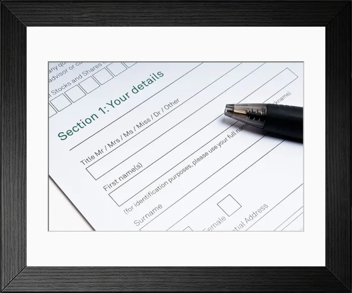 Framed Print : Application form to fill in with your details and pen Framed Print : Application form to fill in with your details and pen